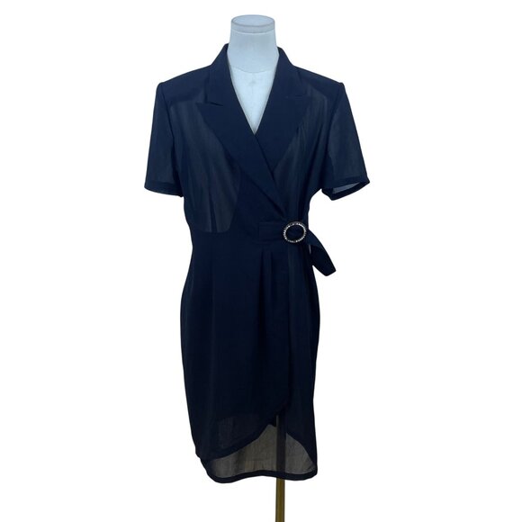Hongxiang Clothing Black Wrap Sheer Short Sleeve Mid-Length Belted Dress - Picture 1 of 8